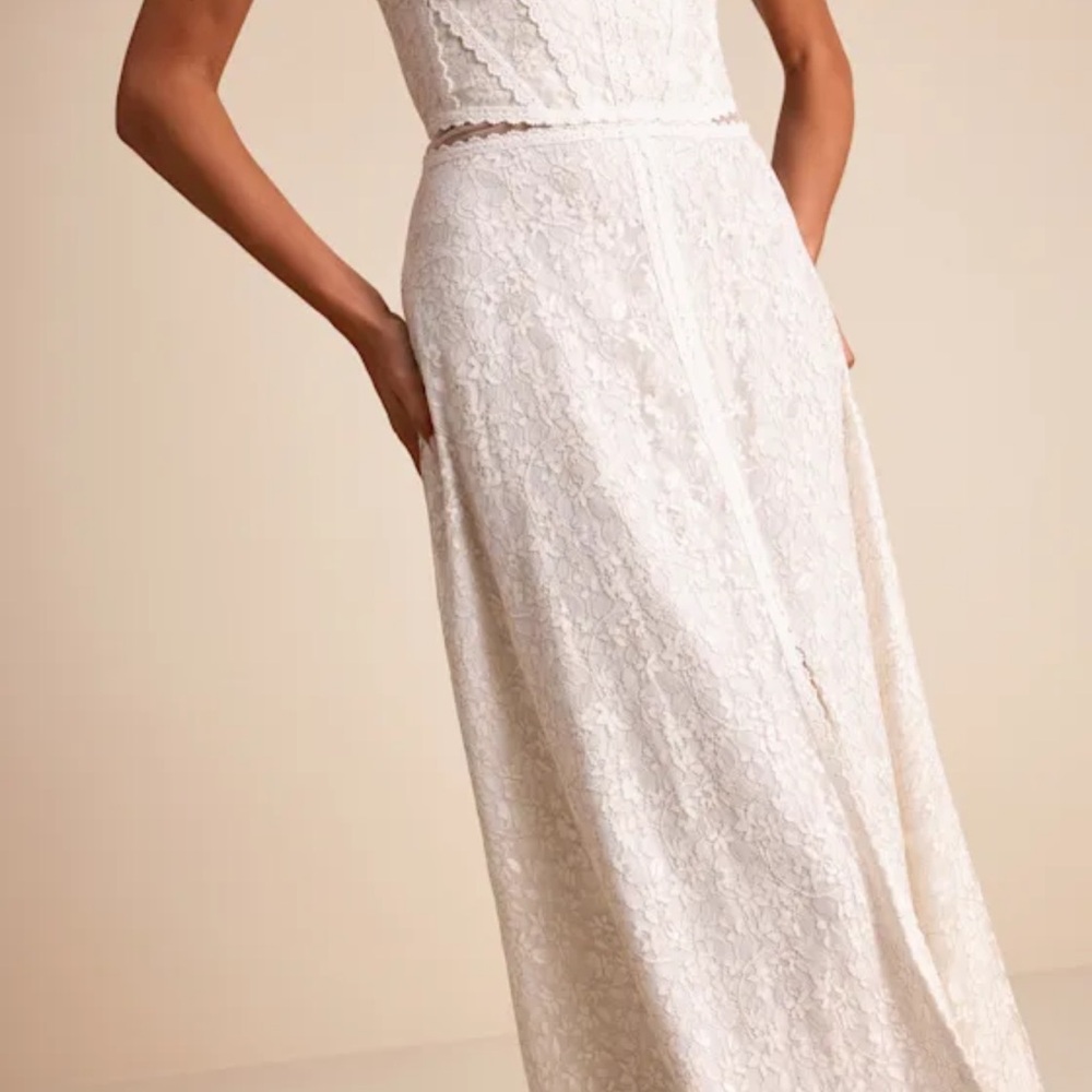 Lulu's White Strapless Lace Maxi Dress with Front Slit - Picture 5 of 6